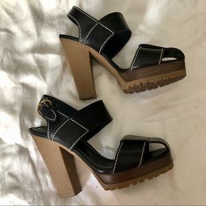 YVES SAINT LAURENT YSL BLACK LEATHER RUBBER COUNTRY SANDALS PLATFORM HEELS SZ 37
